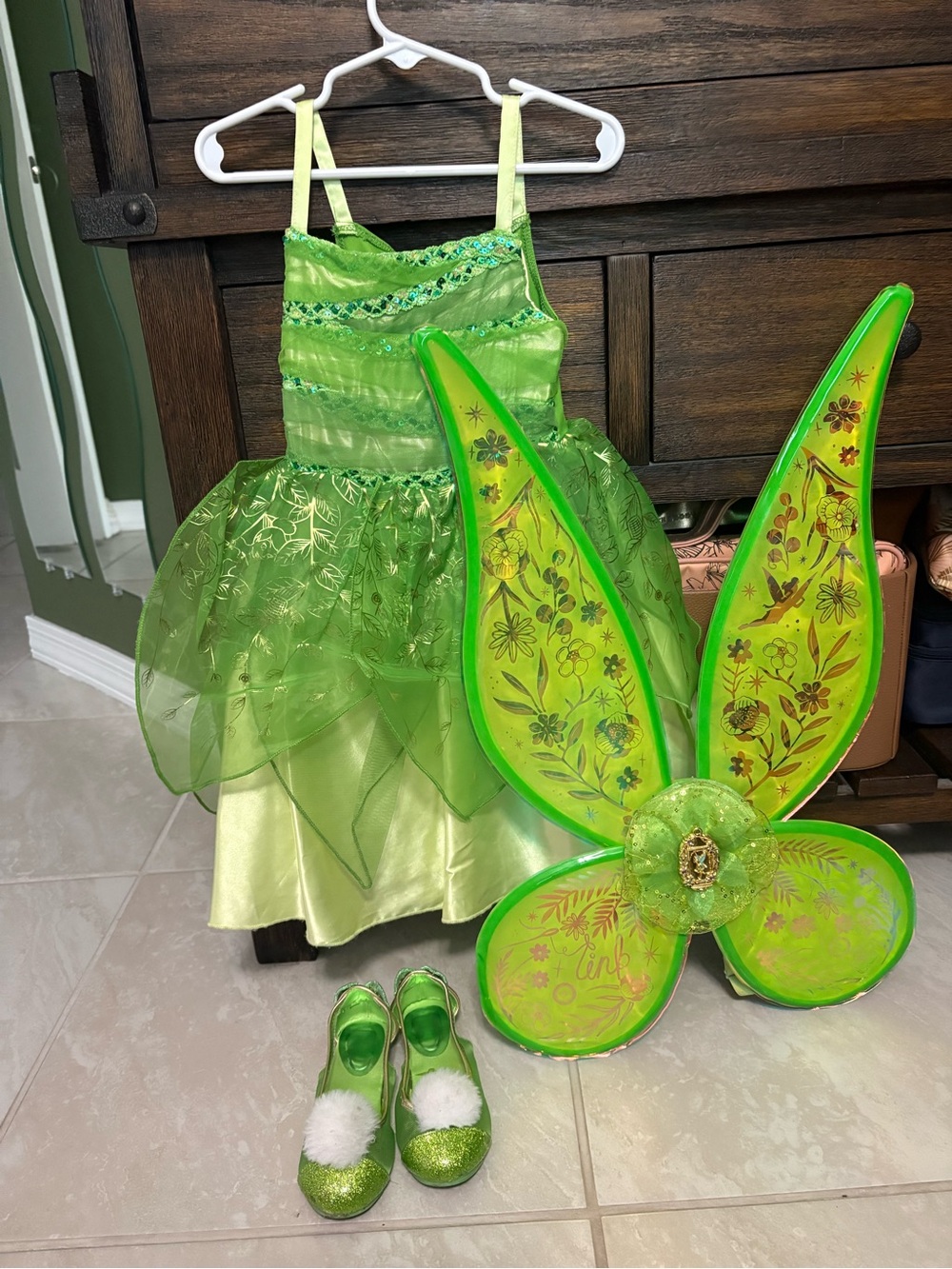 Disney Tinkerbell Costume Dress with Floral Wings and Glitter Shoes